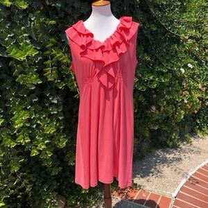 THREAD Chic Coral Ruffle Midi Dress